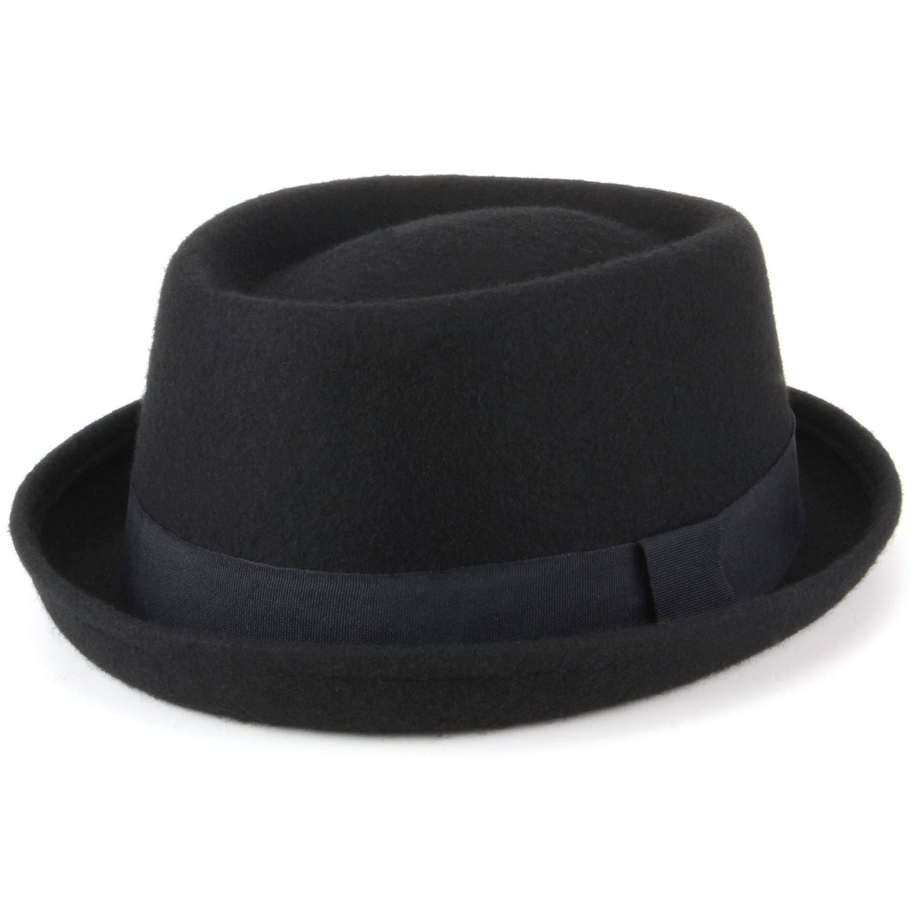 100% Wool felt Pork pie hat with band - Black