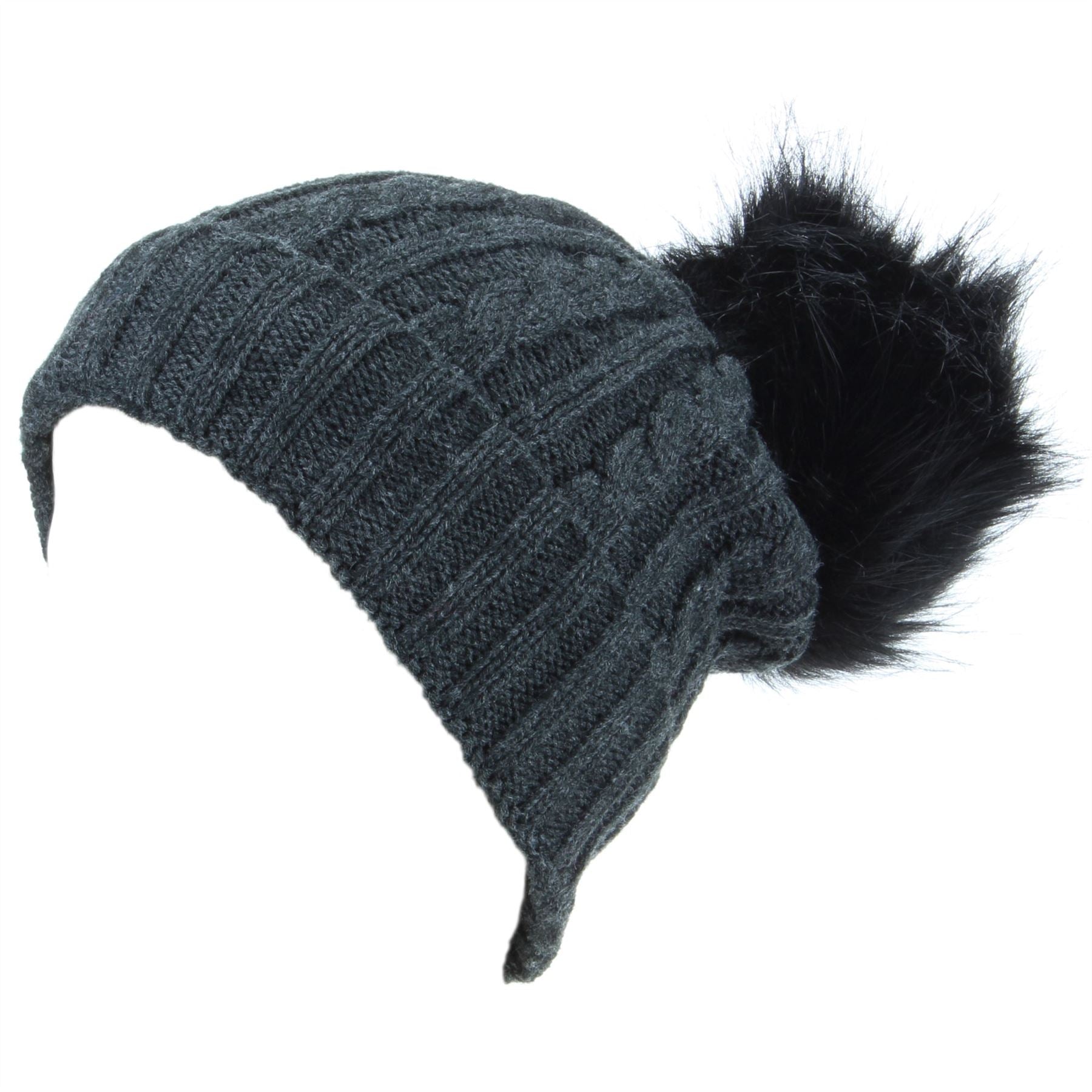 Cable Knit Beanie Hat with Faux Fur Bobble - Charcoal Grey