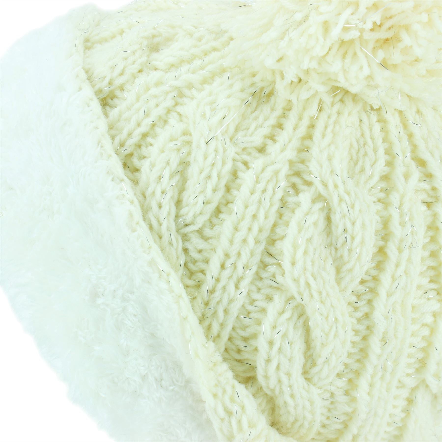 Acrylic Cable Knit Fleck Beanie Bobble Hat - White