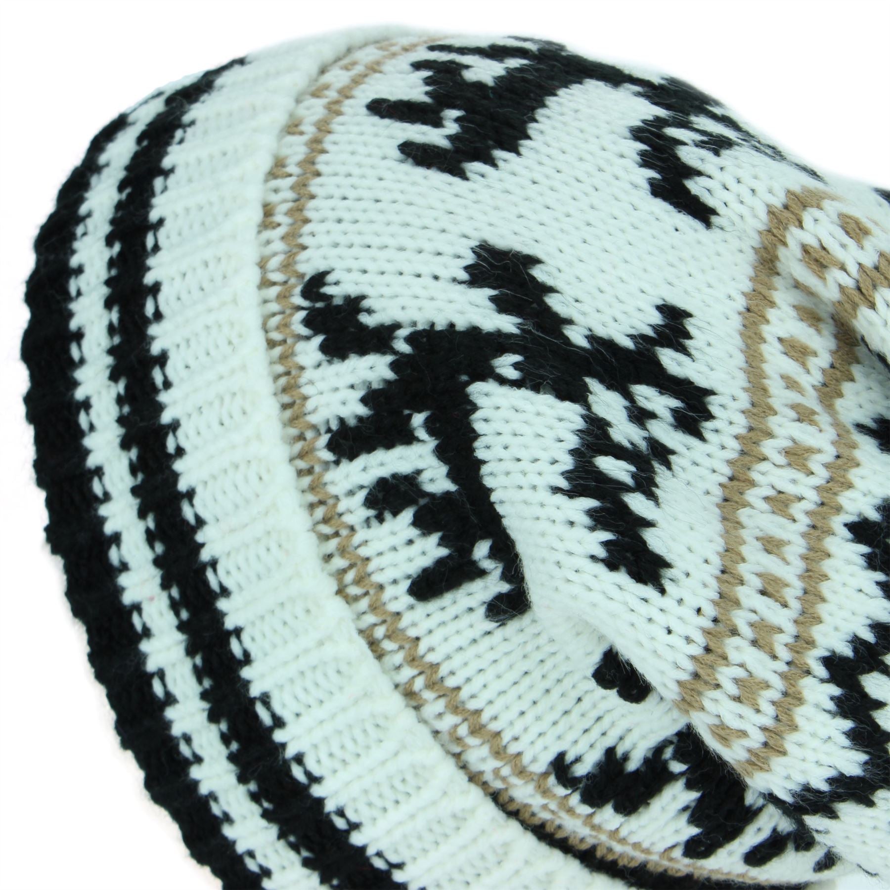 Chunky Slouch Bobble Beanie Hat with Reindeer Pattern - White & Black