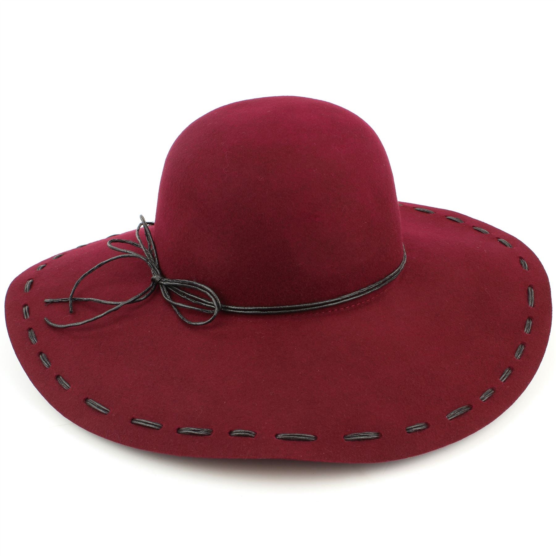 100% Wool felt wide brim floppy hat with cord band - Wine (57cm)