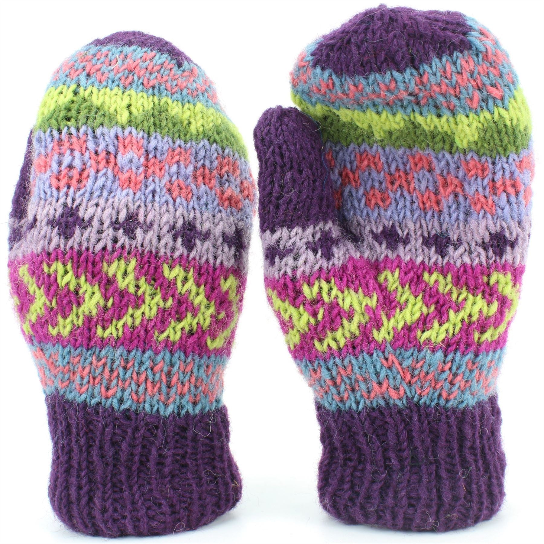 Chunky Wool Knit Mittens - Chevron - Purple