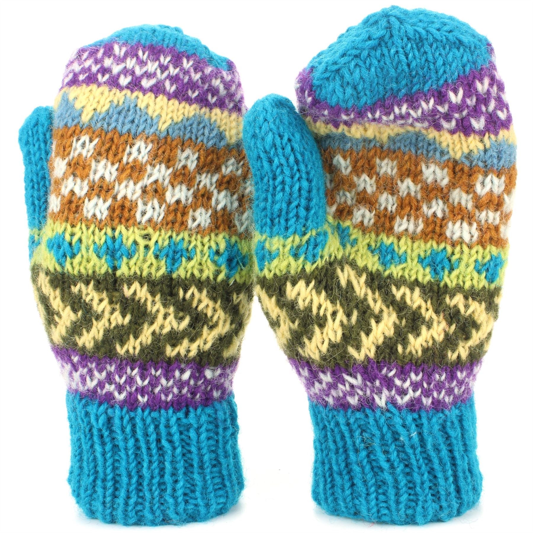 Chunky Wool Knit Mittens - Chevron - Blue