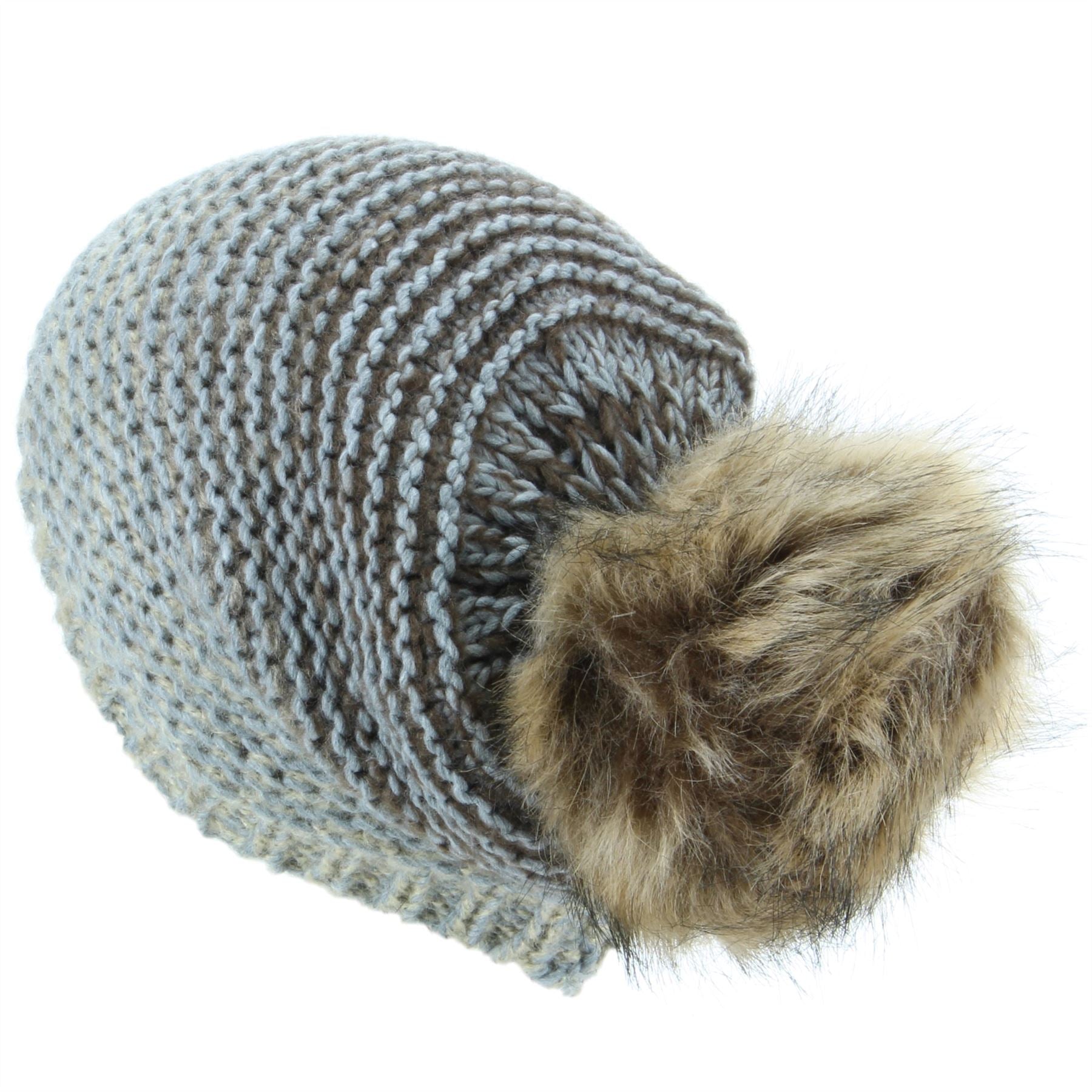 Chunky Knit 2-Tone Slouch Beanie Hat with Faux Fur Bobble - Blue