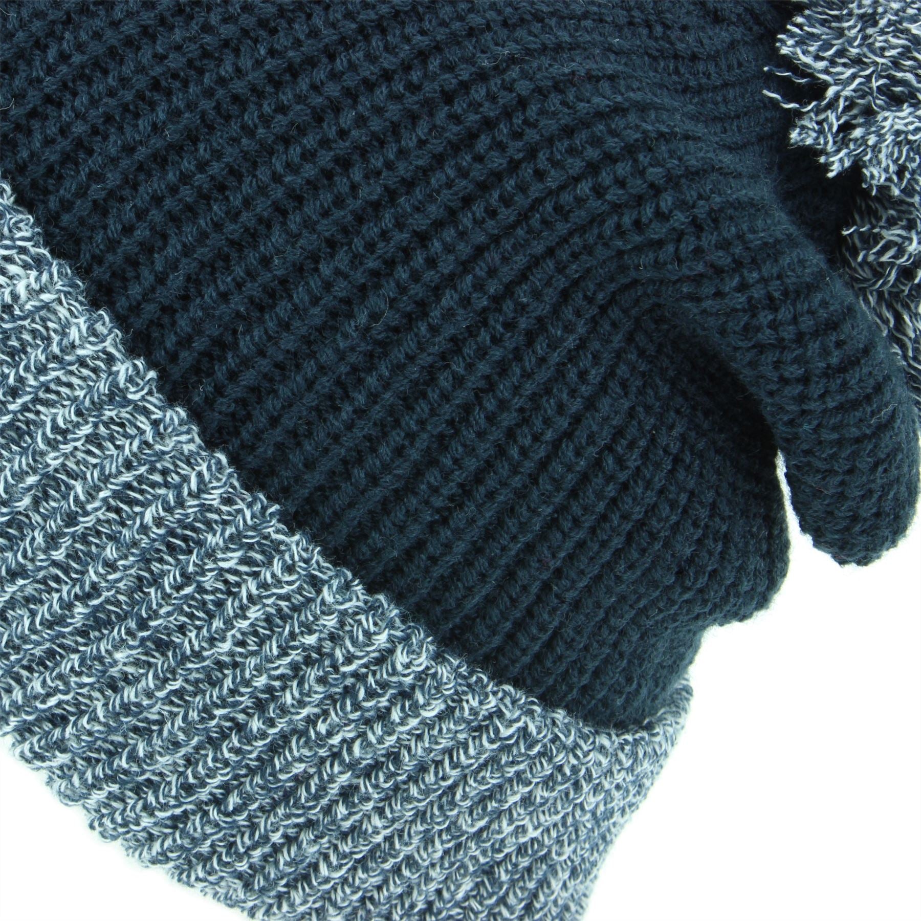 Chunky Double Knit Beanie Hat with Contrast Marl Bobble and Turn-up - Navy