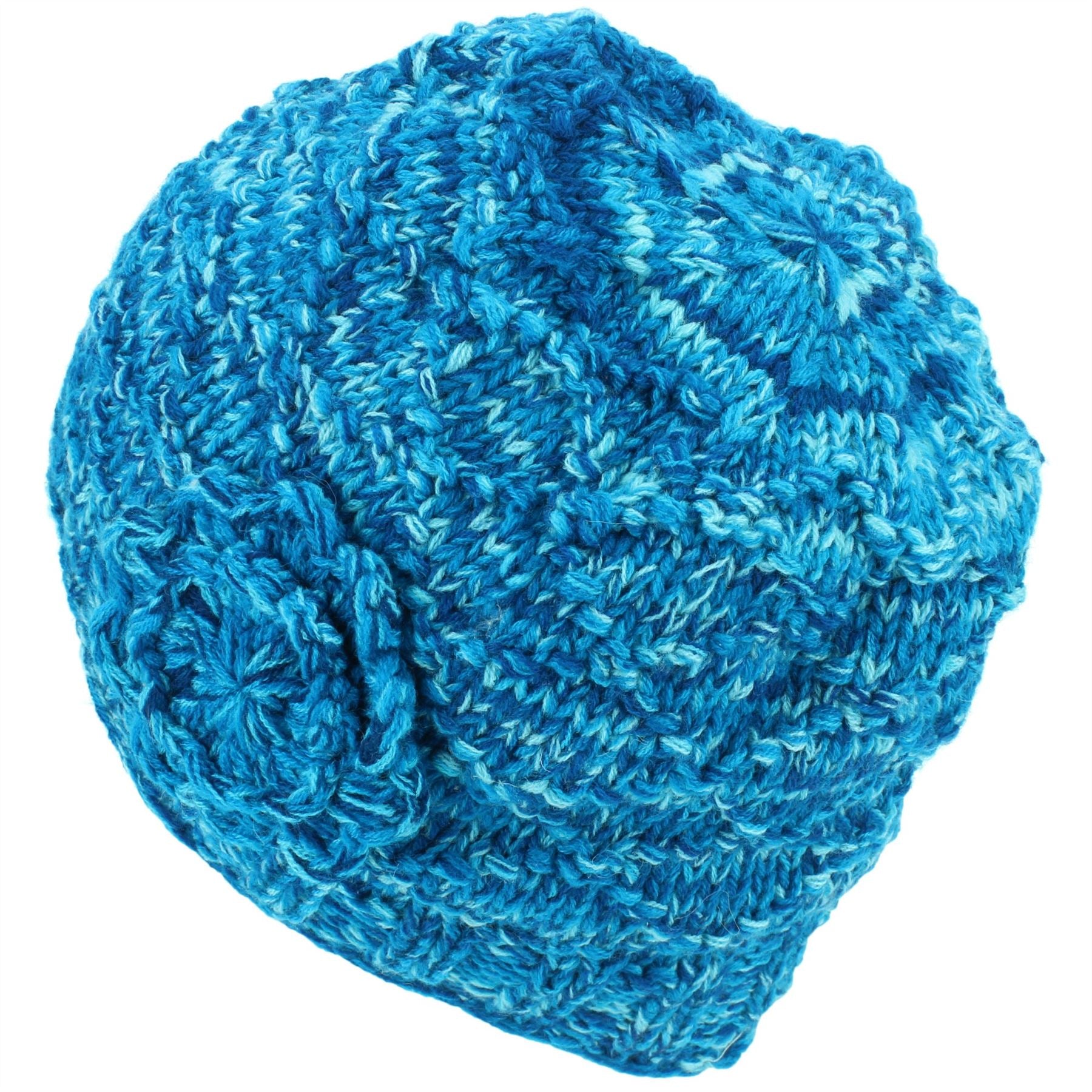 Acrylic Knit Flower Beanie Hat - Blue