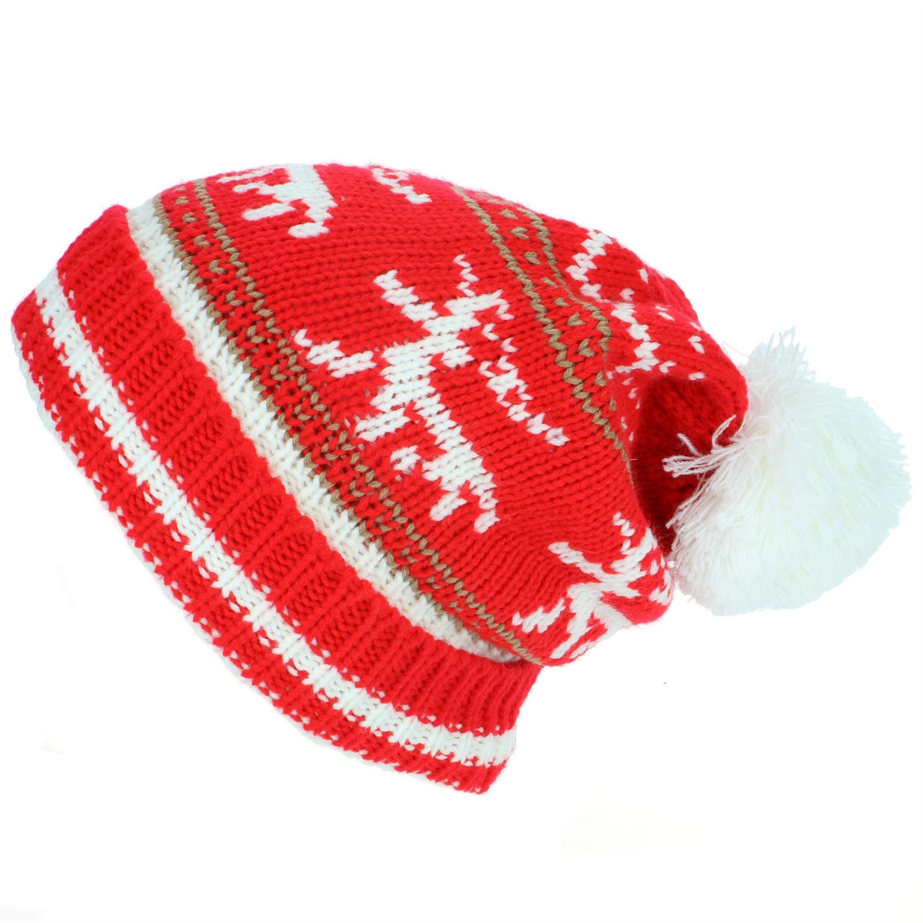 Chunky Slouch Bobble Beanie Hat with Reindeer Pattern - Red