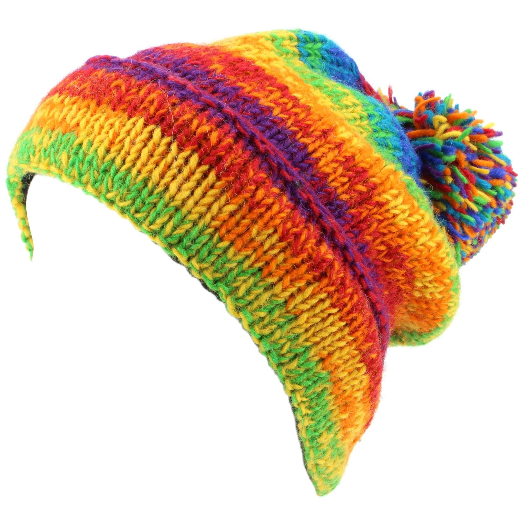 Chunky Wool Knit Baggy Slouch Beanie Bobble Hat - Rainbow