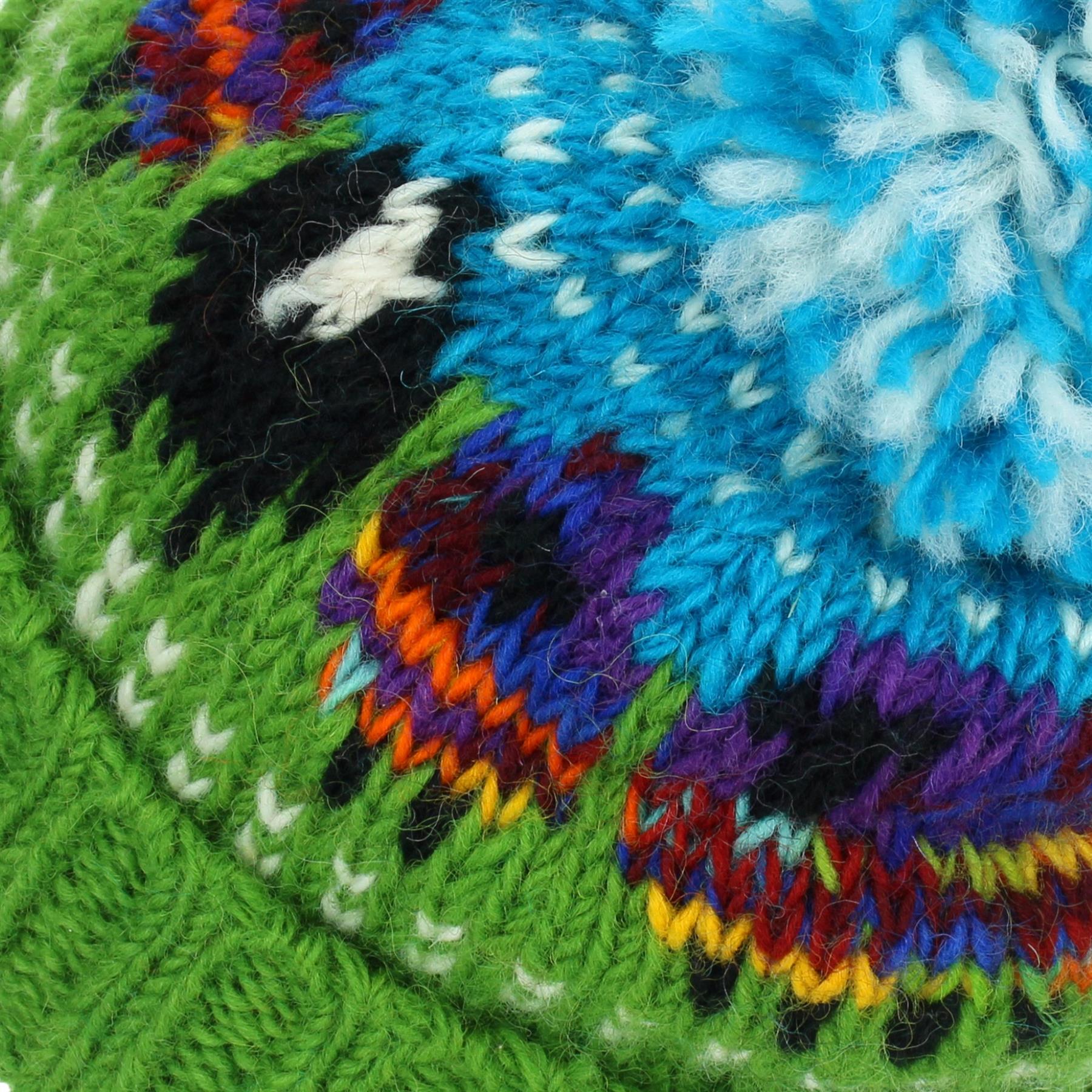 Chunky Wool Knit Beanie Bobble Hat with Sheep Design - Rainbow