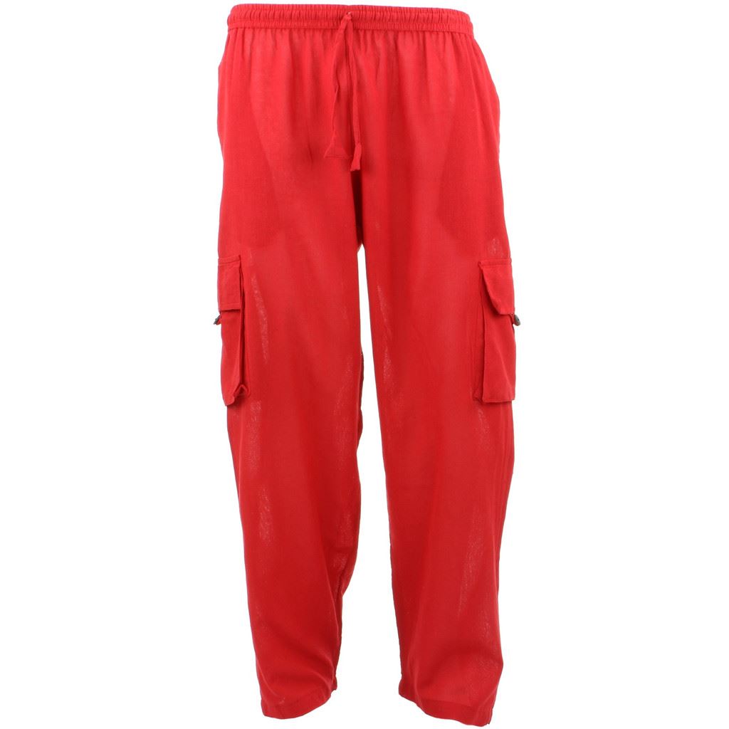 Classic Nepalese Lightweight Cotton Plain Cargo Trousers Pants - Red