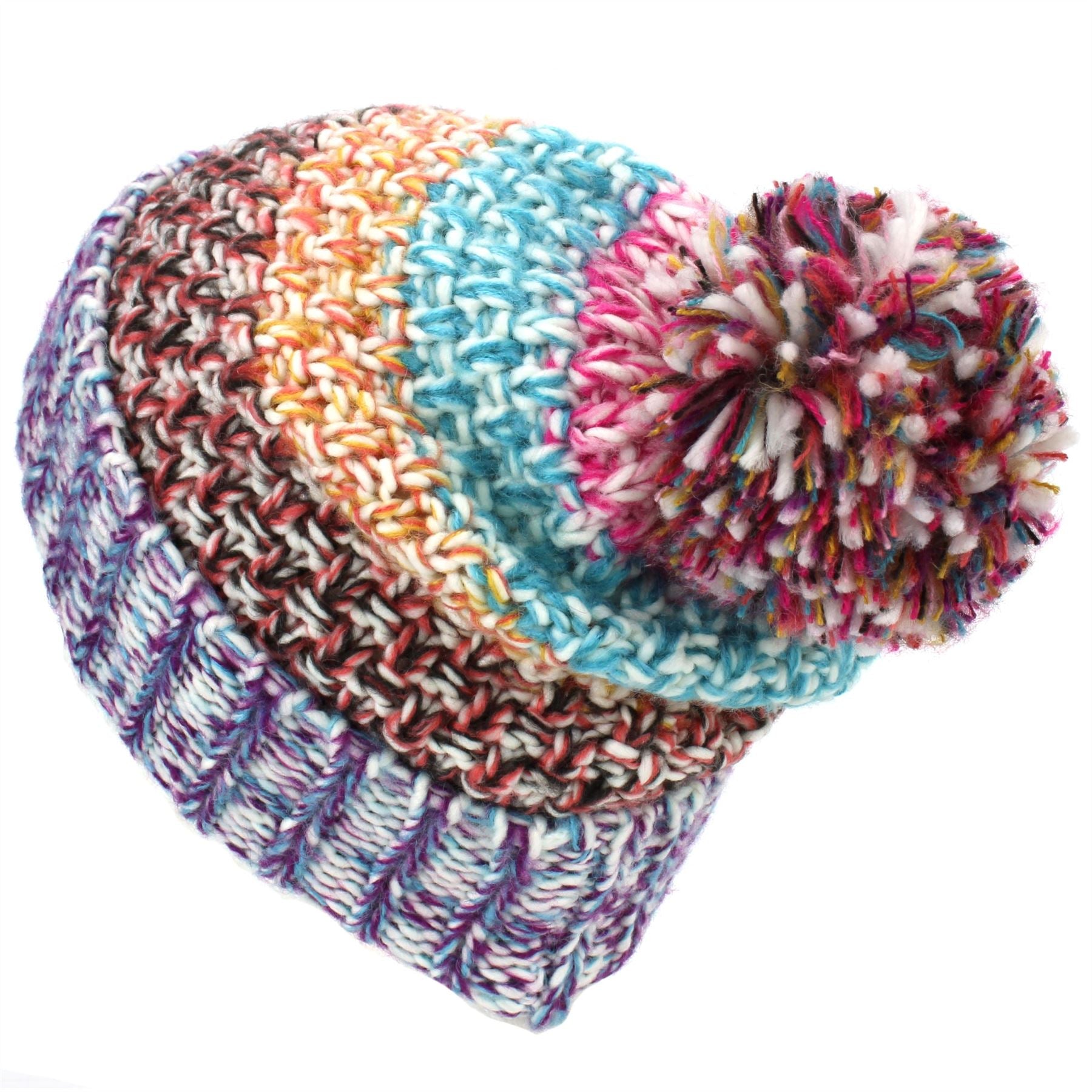 Colourful Lattice Knit Beanie Hat - Purple