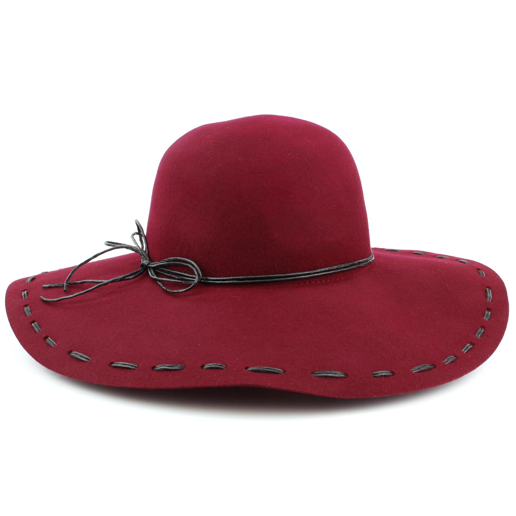 100% Wool felt wide brim floppy hat with cord band - Wine (57cm)