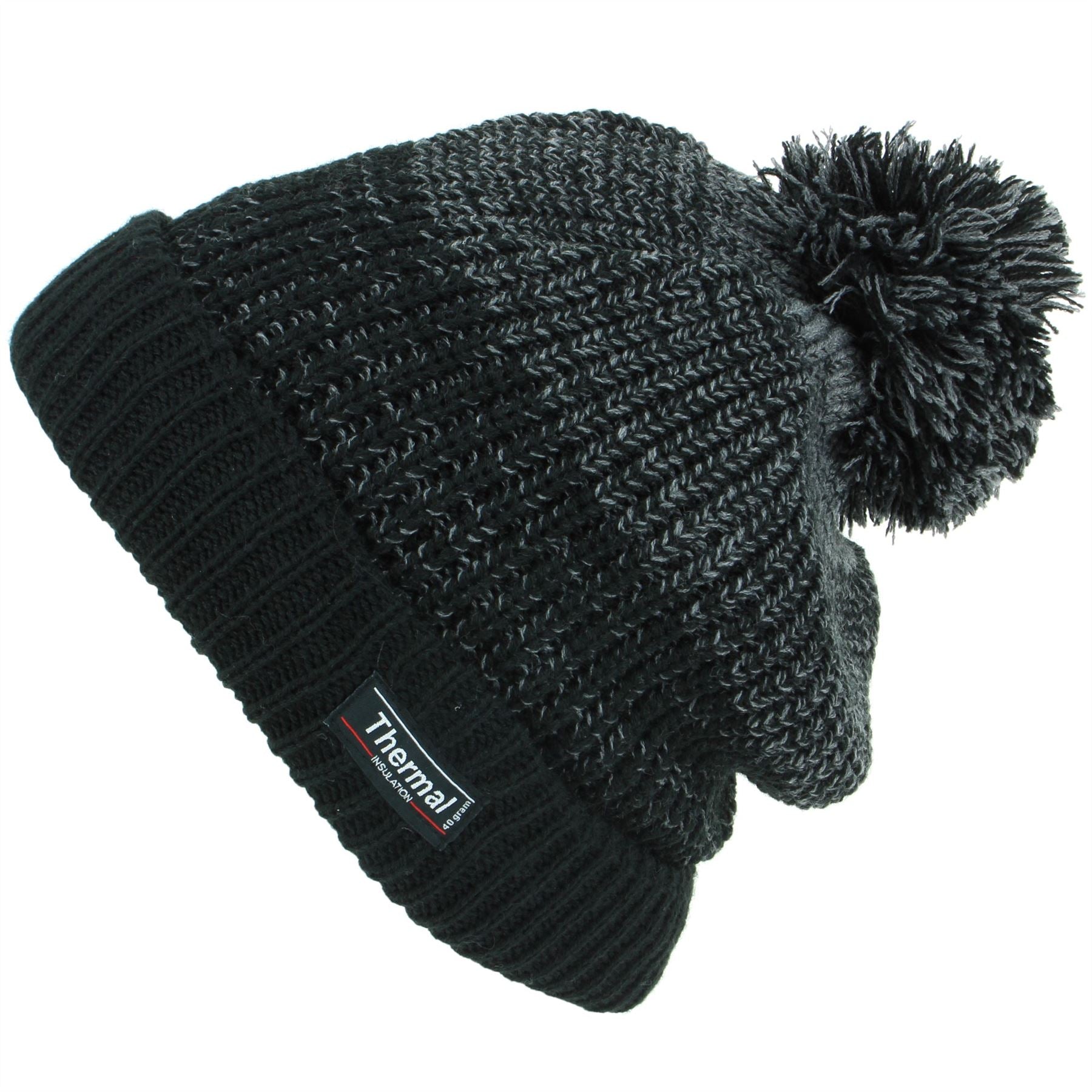 Chunky Knit Marl Bobble Beanie Hat with Turn-up - Black