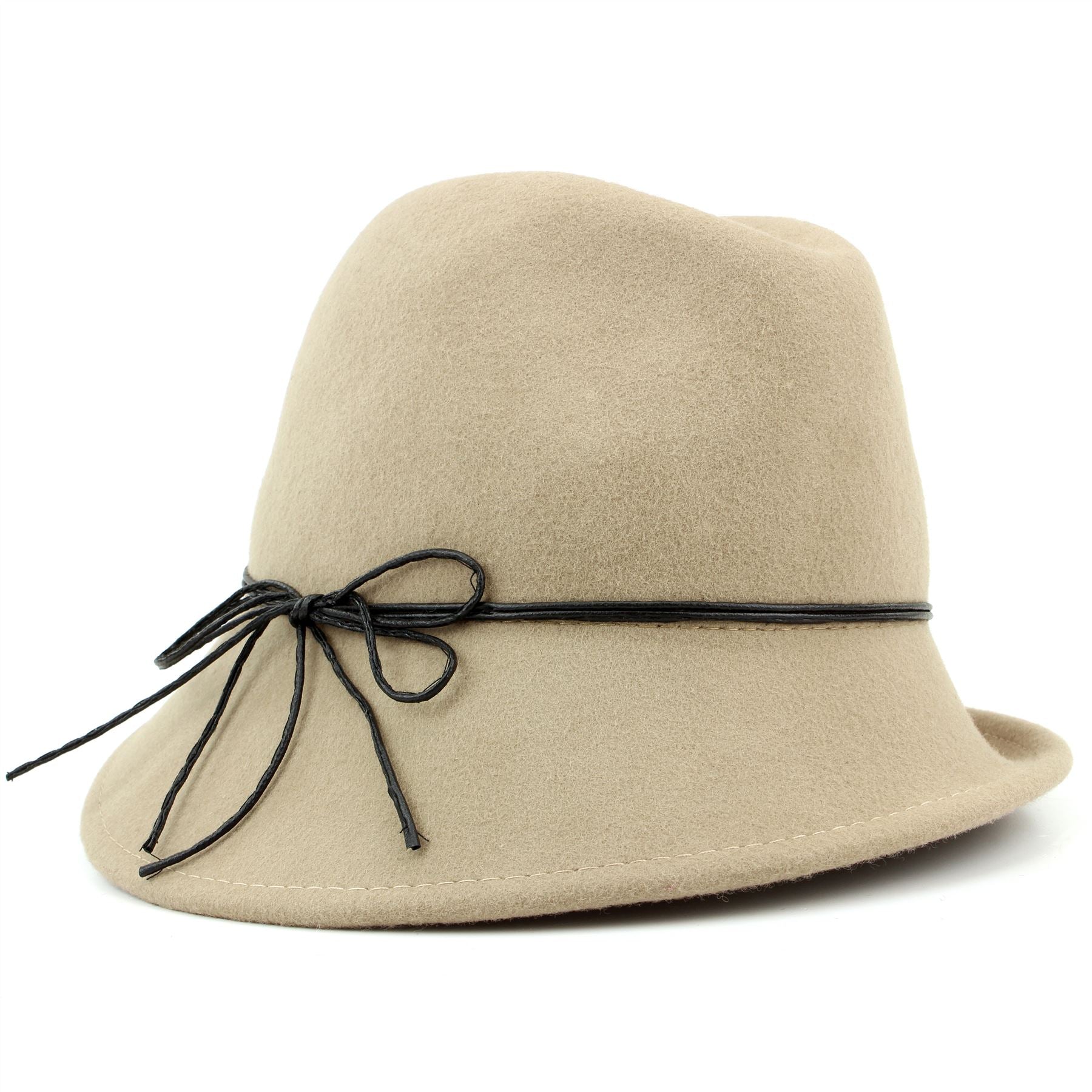 100% Wool felt asymmetric brim trilby hat with cord band - Beige (57cm)