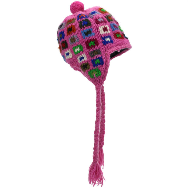 Wool Knit Earflap Bobble Hat - Square Pink