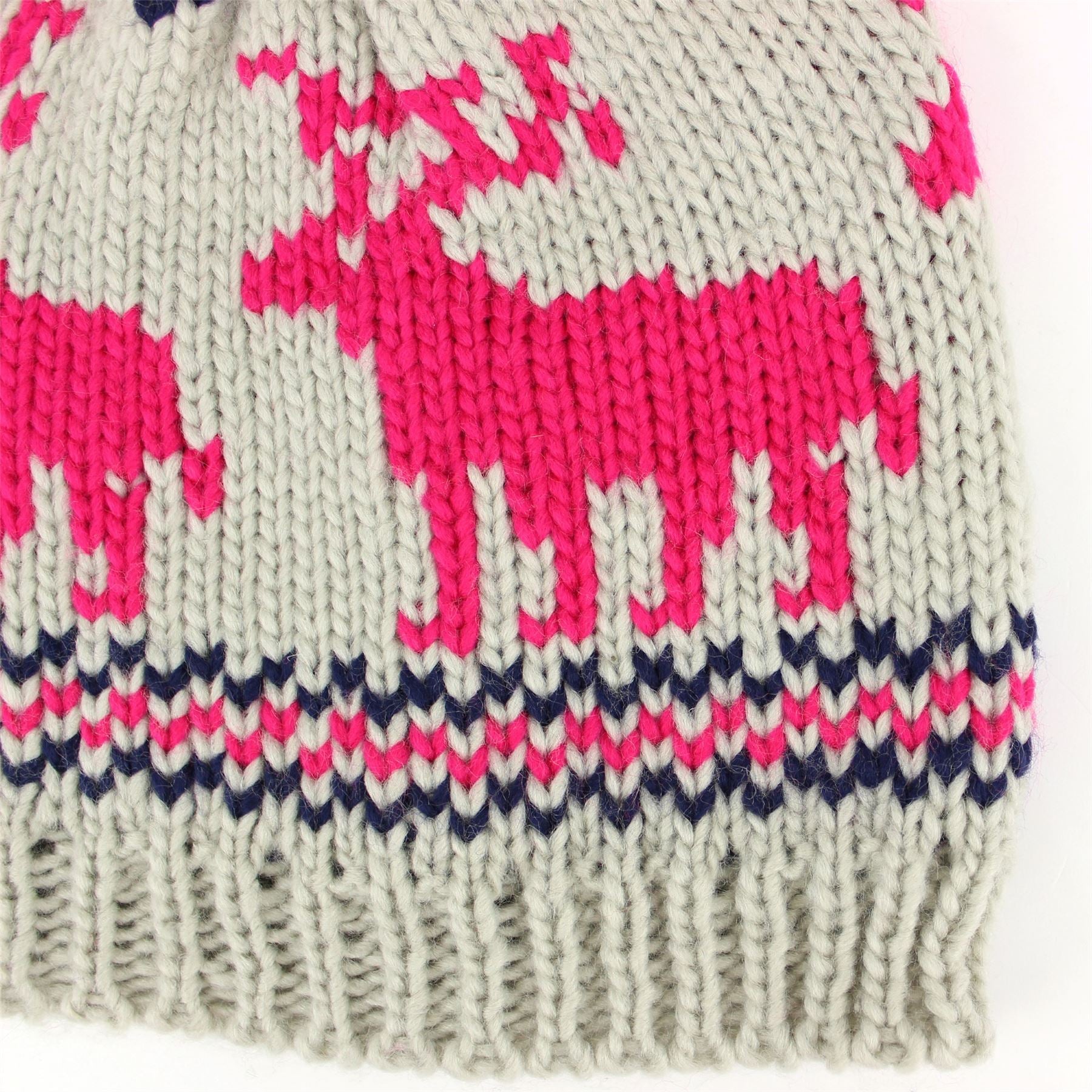 chunky knit bobble beanie hat with reindeer design - Pink