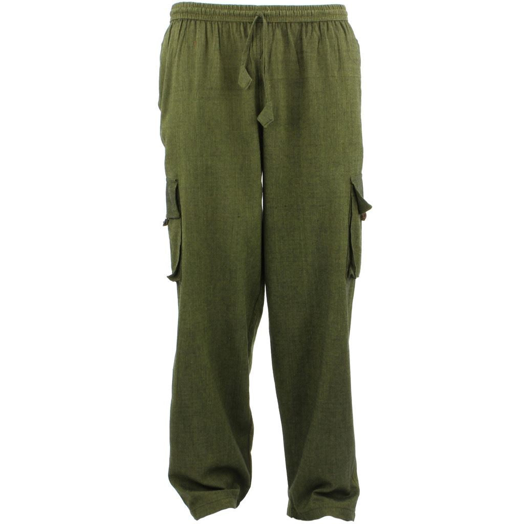 Classic Nepalese Lightweight Cotton Plain Cargo Trousers Pants - Green