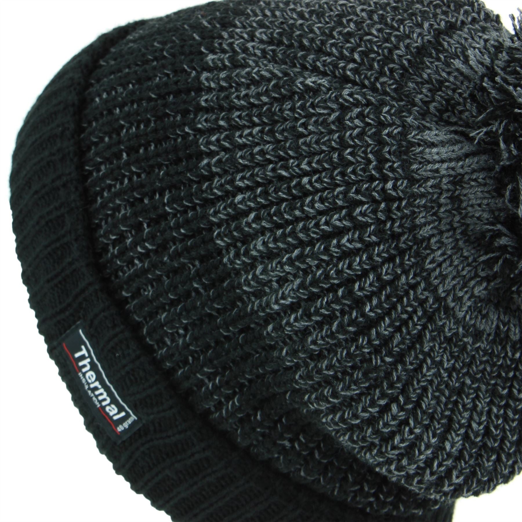 Chunky Knit Marl Bobble Beanie Hat with Turn-up - Black