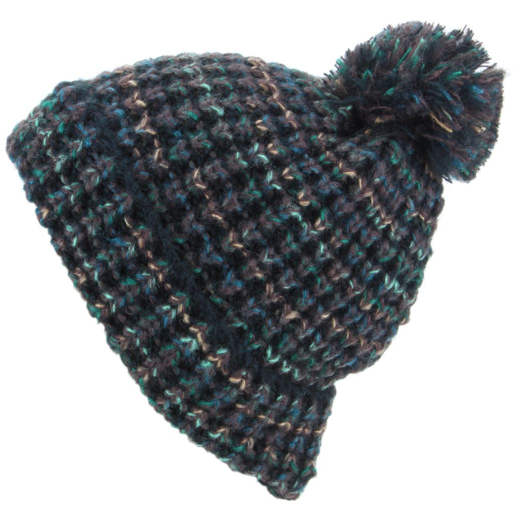 Chunky Knit Beanie Bobble Hat - Black & Green