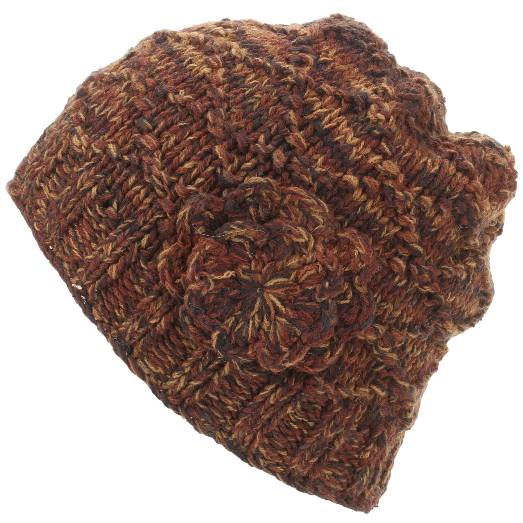 Acrylic Knit Flower Beanie Hat - Brown