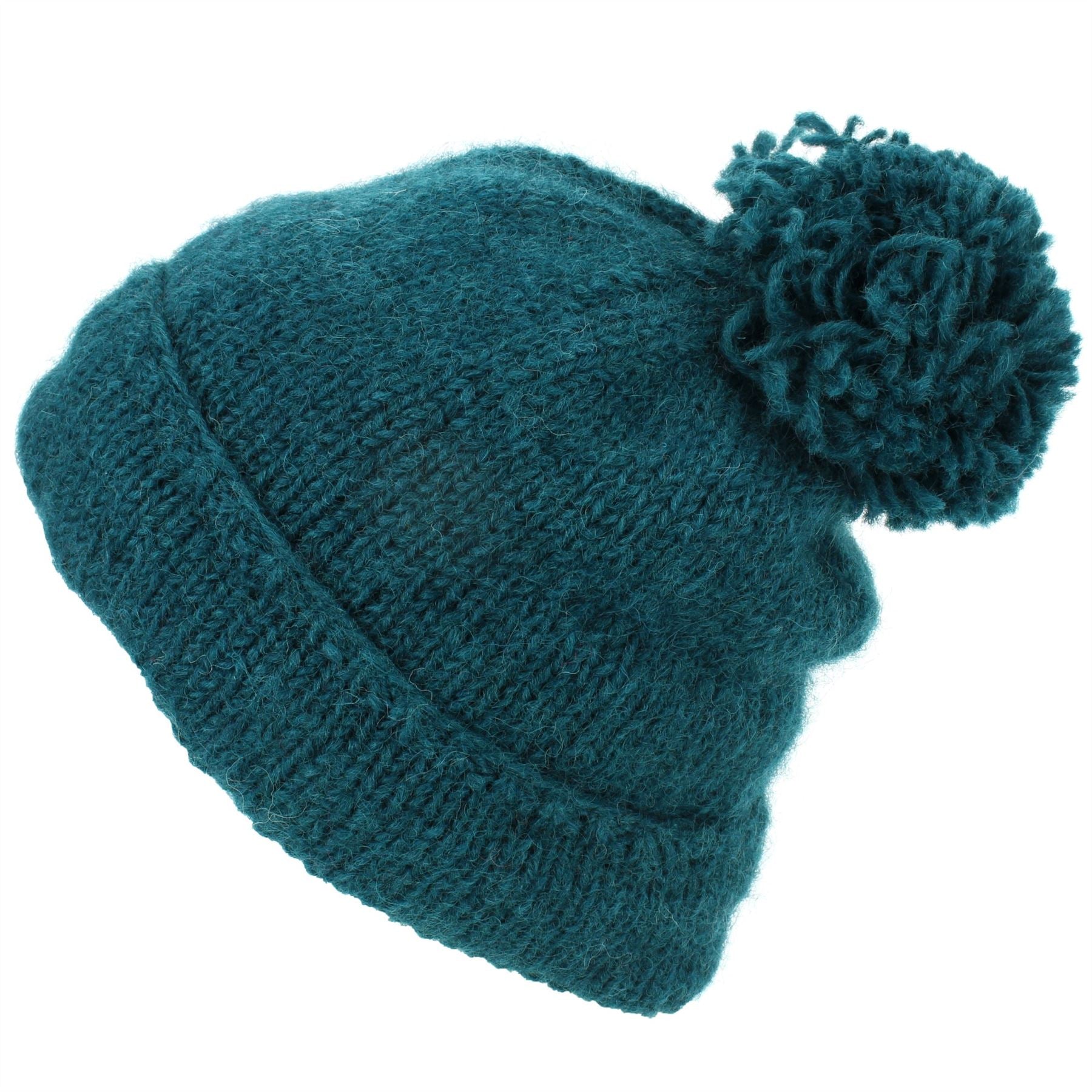 Chunky Wool Knit Baggy Slouch Beanie Bobble Hat - Teal