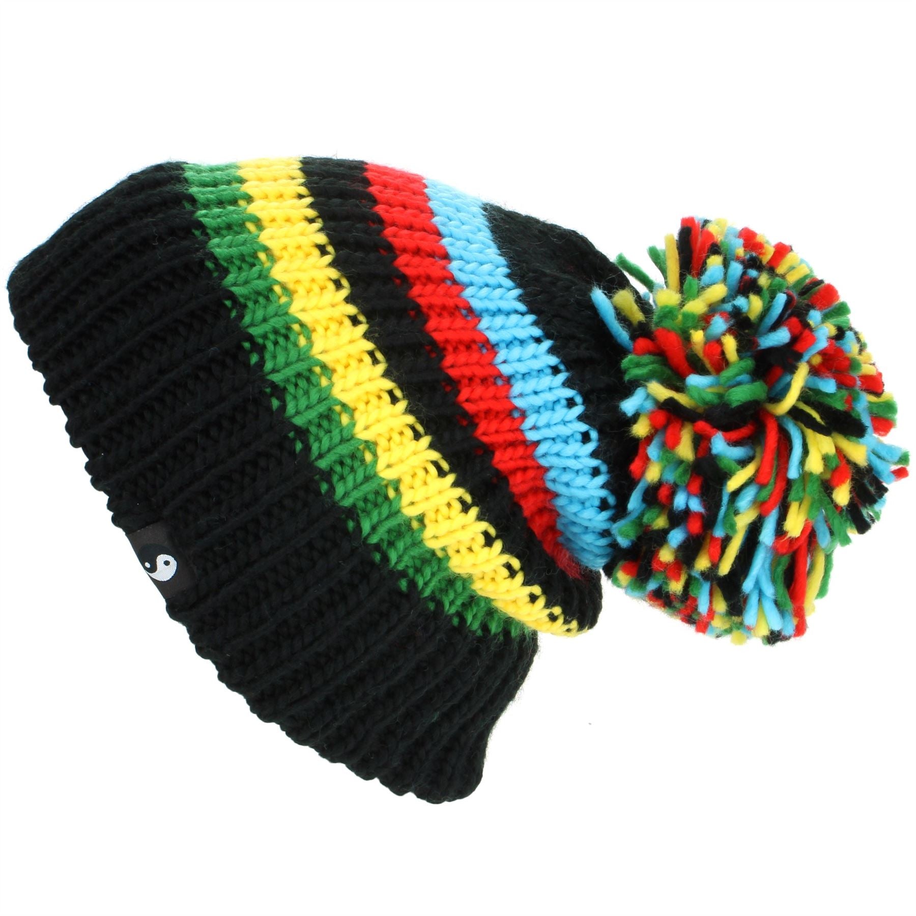 Chunky Acrylic Knit Beanie Hat with a MASSIVE Bobble - Black & Rainbow