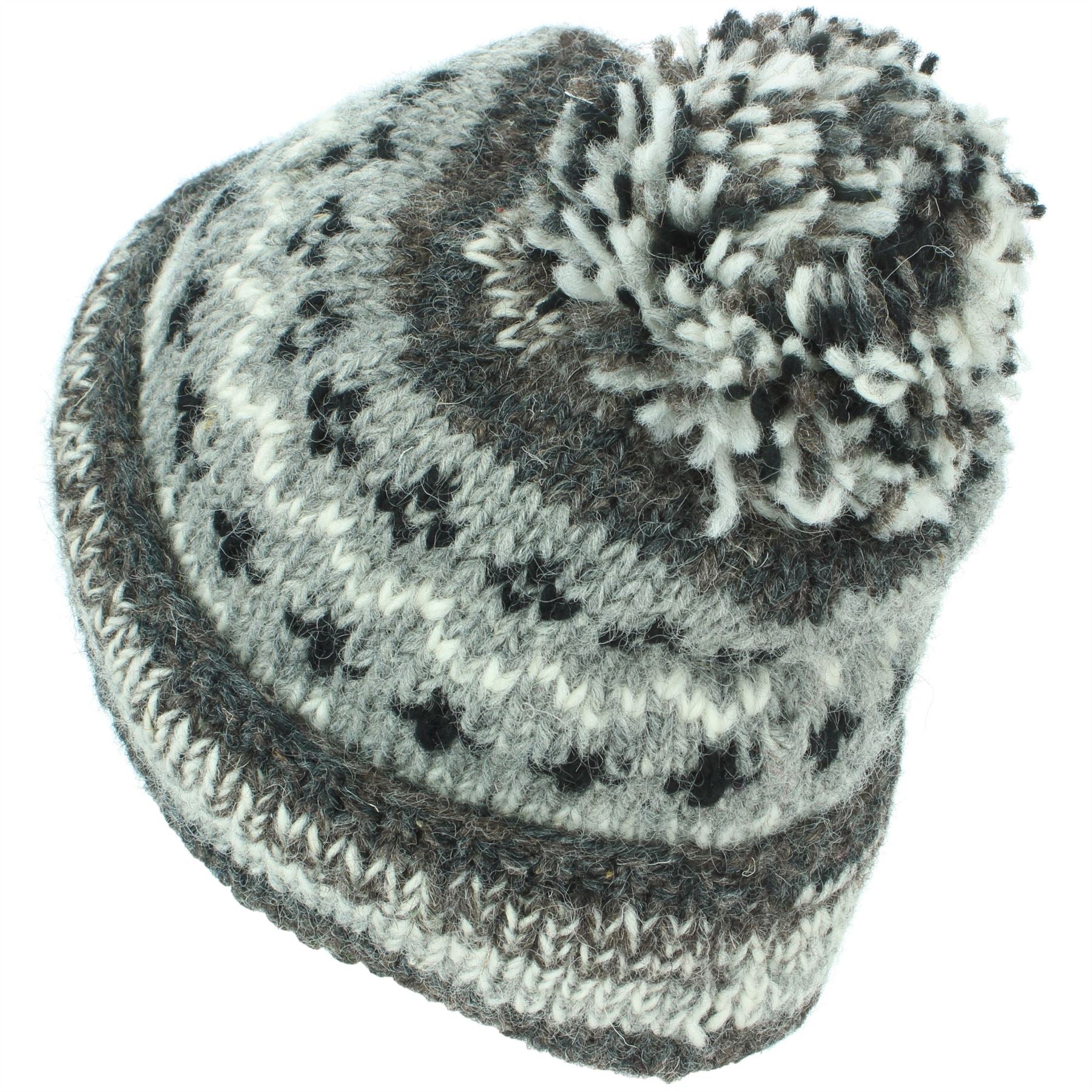 Chunky Wool Knit Abstract Pattern Beanie Bobble Hat - 17 Grey