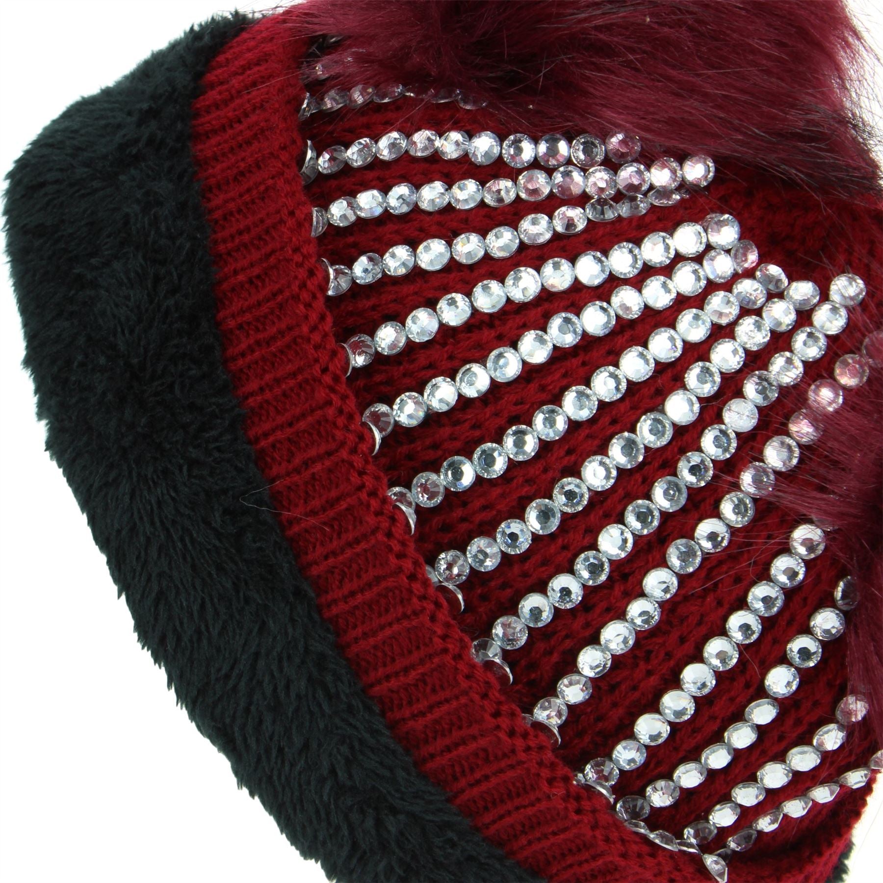 Bling Diamante Studded Chunky Knit Beanie Hat with Two Bobbles - Red