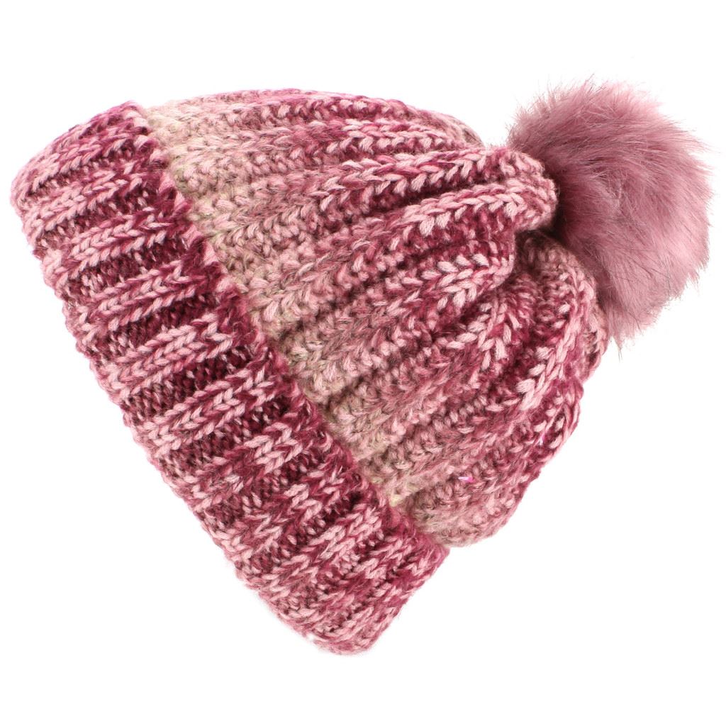 Colour Fade Bobble Beanie Hat with Faux Fur Pom - Pink