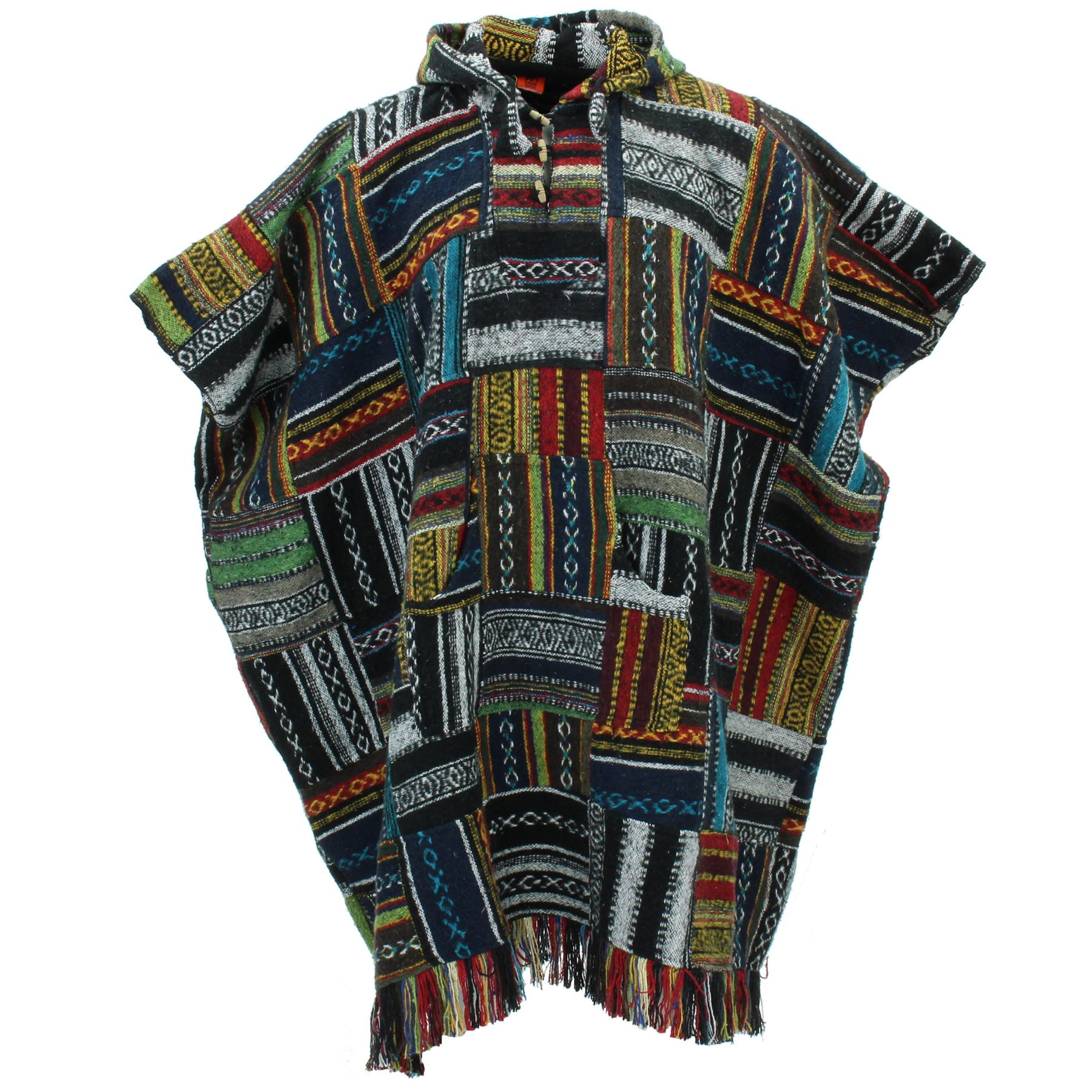 Brushed Cotton Long Hooded Poncho - Patchwork