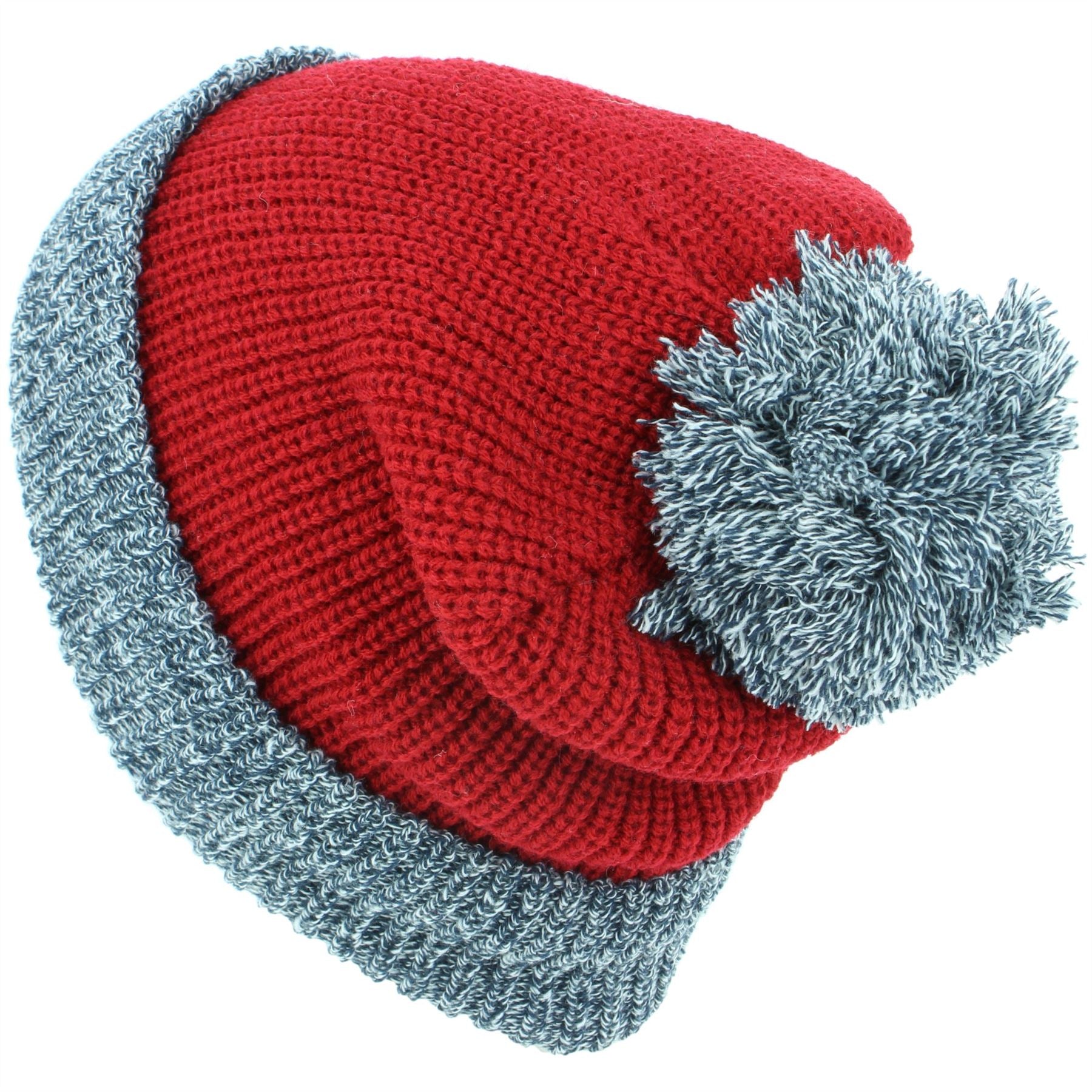 Chunky Double Knit Beanie Hat with Contrast Marl Bobble and Turn-up - Red