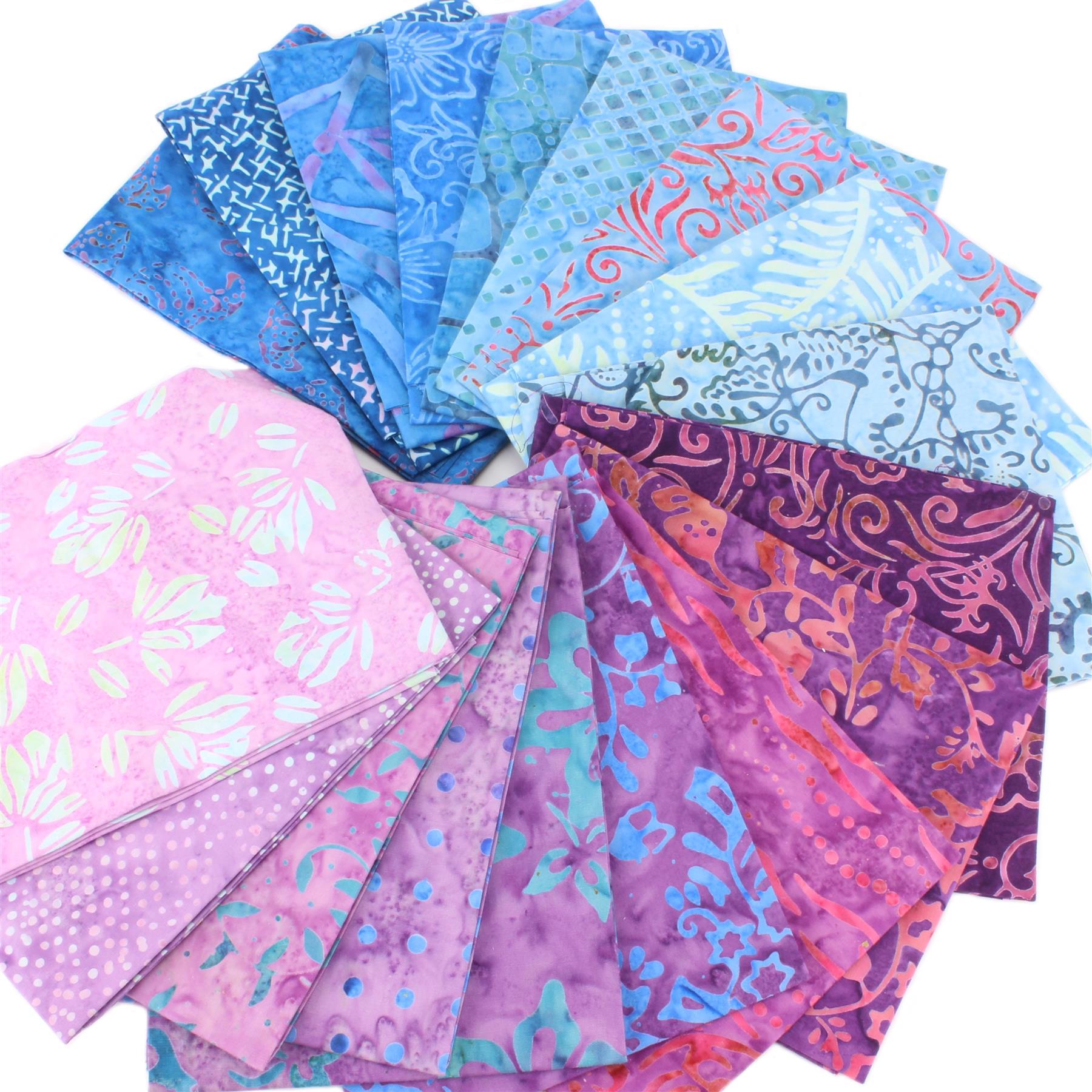 Cotton Batik Fat Quarter Pre Cut Fabric Bundle - Pinks to Blues