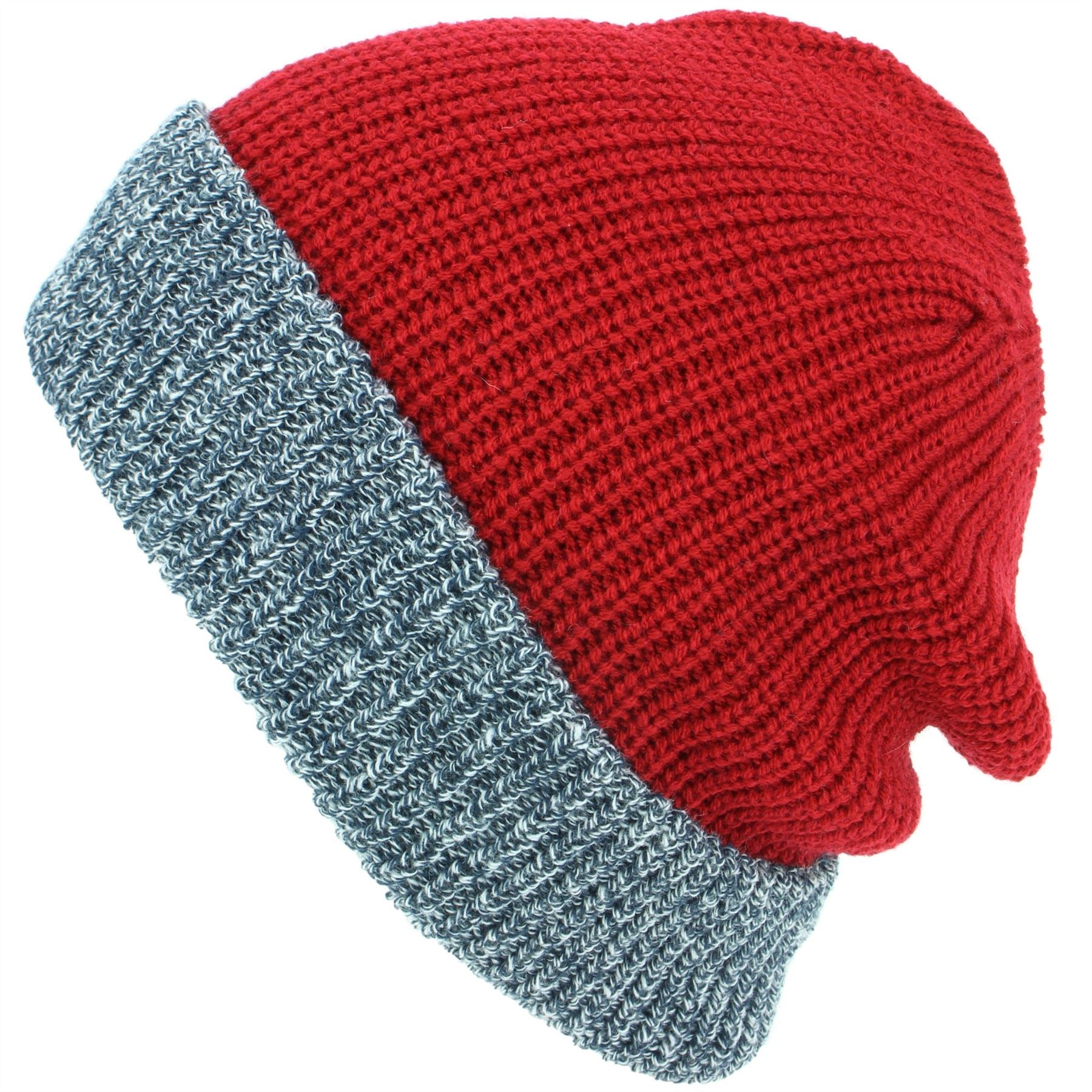 Chunky Double Knit Beanie Hat with Contrast Marl Turn-up - Red