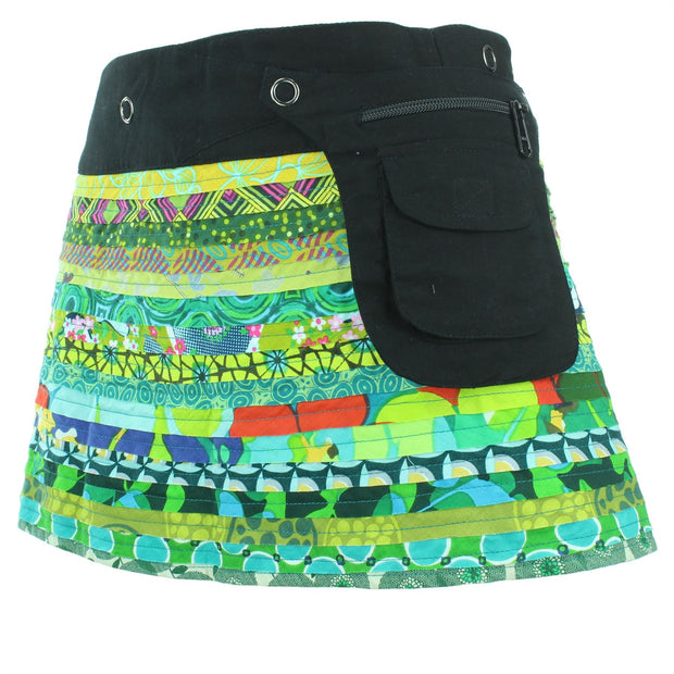 Reversible Popper Wrap Children's Size Mini Skirt - Green Patch Strips / Floral Oyster