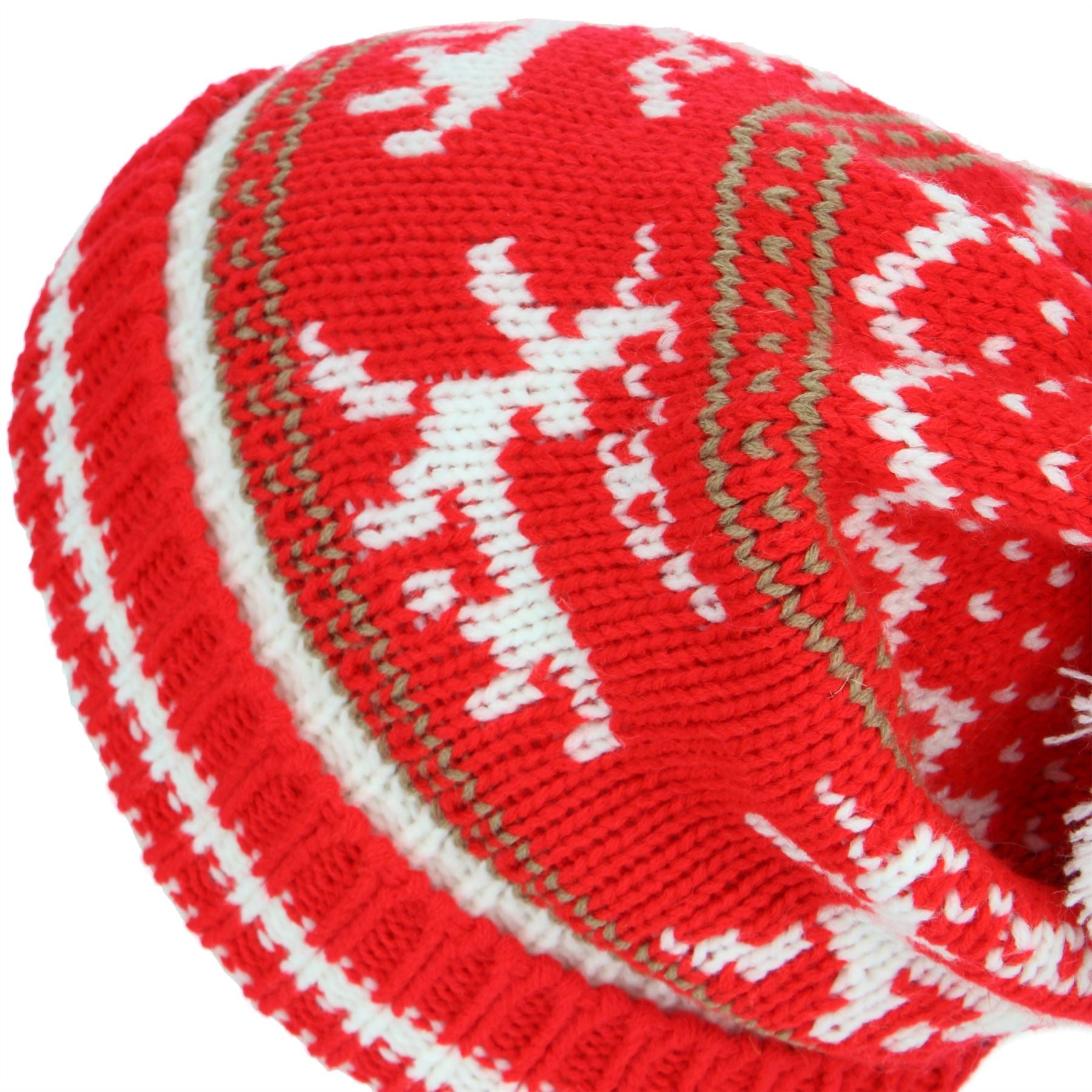 Chunky Slouch Bobble Beanie Hat with Reindeer Pattern - Red