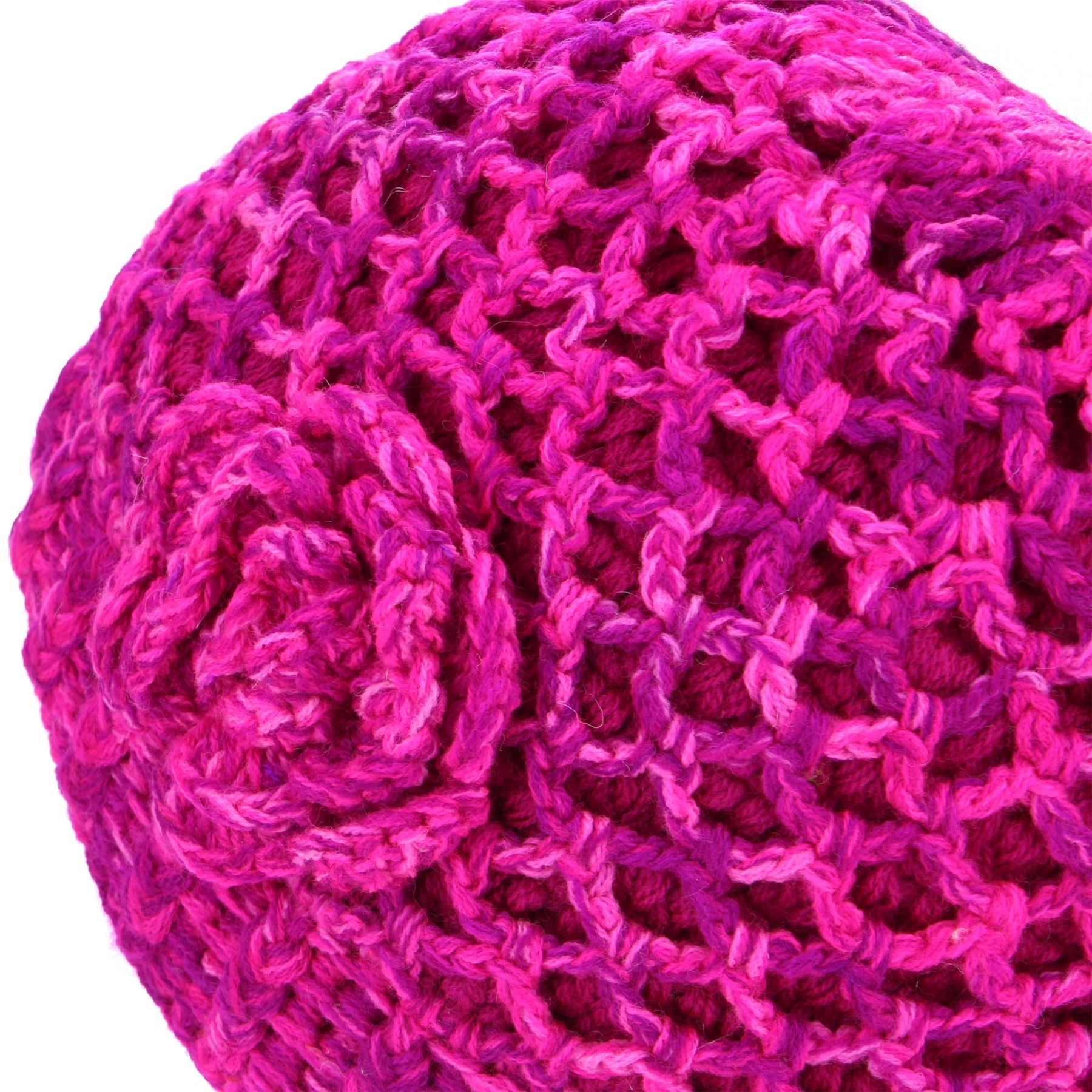 Acrylic Knit Lattice Flower Beanie Hat - Pink