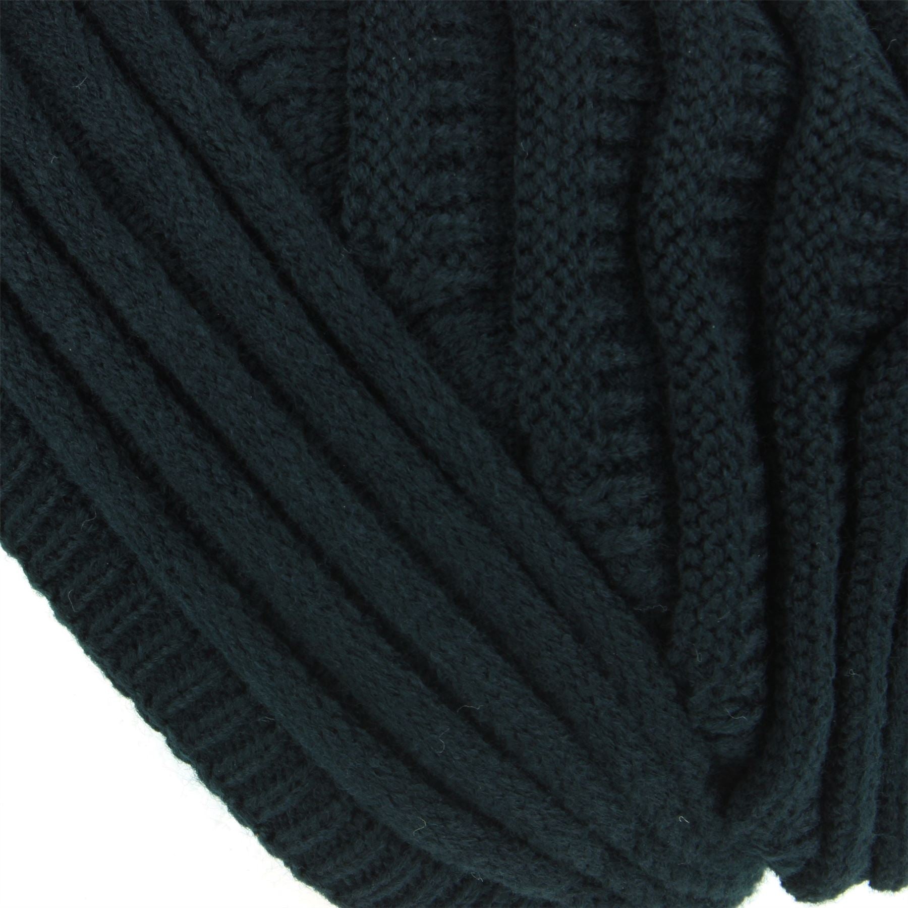 Chunky Ribbed Slouch Beanie Hat with Faux Fur Bobble - Black