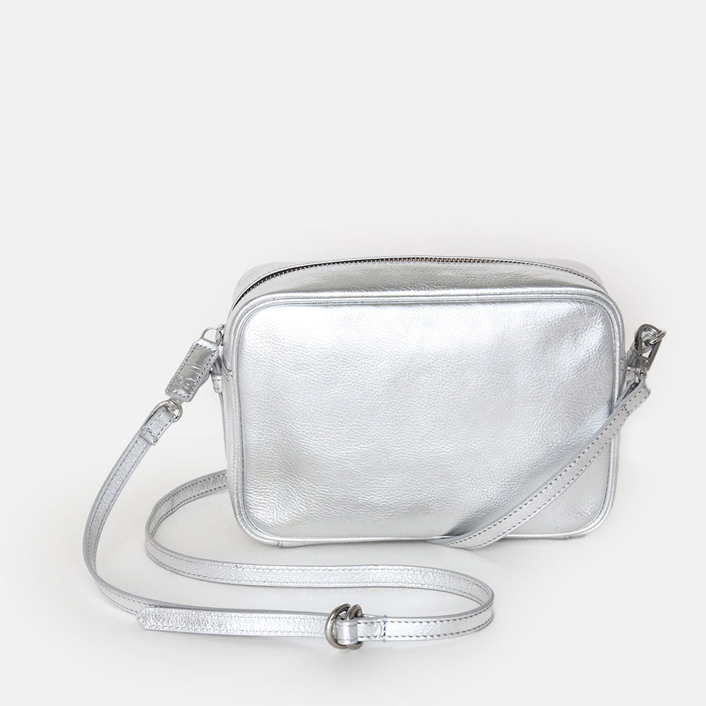 silver leather crossbody bag