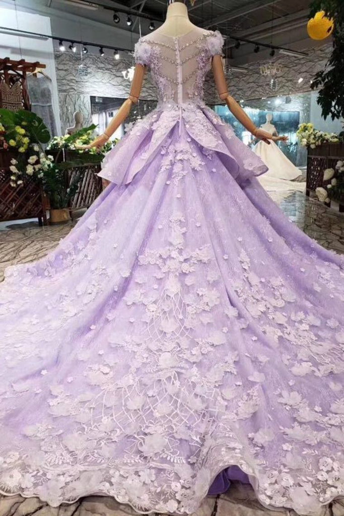 Lilac Ball Gown Short Sleeve Prom Dresses with Long Train, Gorgeous Qu ...