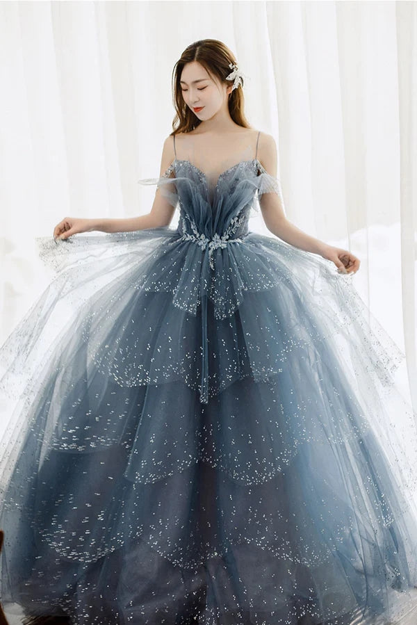 Gorgeous Blue Sparkly Tulle Beaded Prom Dress, Tiered Formal Gown with ...