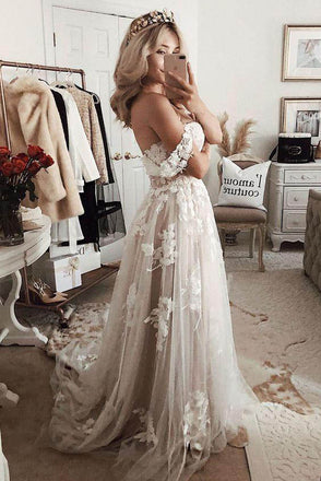 Tulle A Line Off Shoulder Long Sleeves Lace Appliques Wedding Dresses, PW362