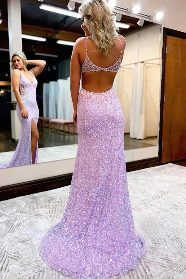 New Style V Neck Sleeveless Long Prom Dress, Sparkly Sequined Evening ...