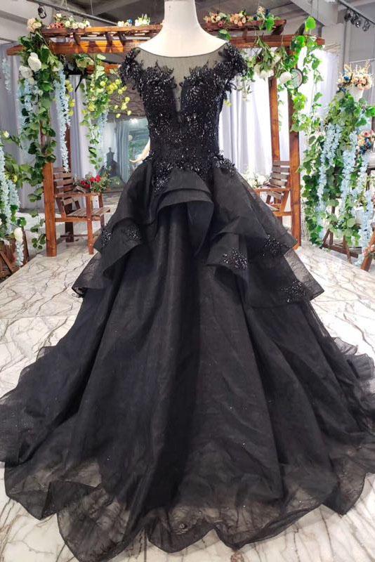 Puffy Cap Sleeves Black Long Prom Dress with Appliques, Charming Beadi ...