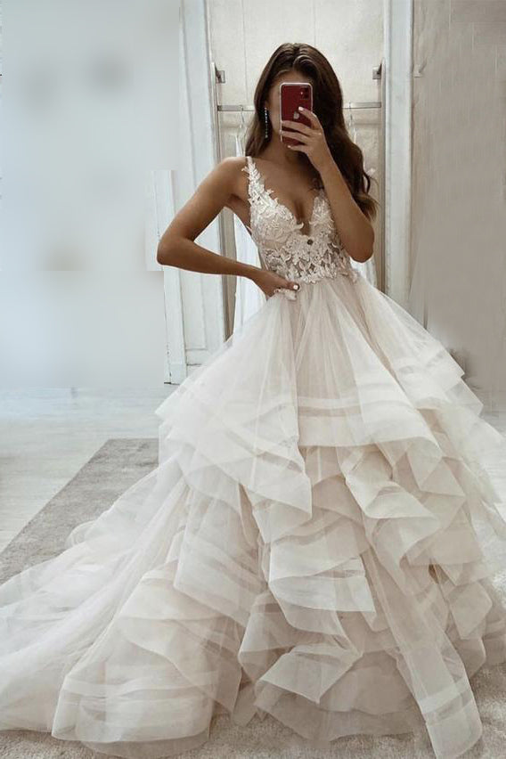 Puffy Tired V Neck Sleeveless Tulle Wedding Dress with Appliques, Brid ...