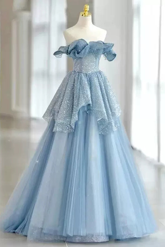 Light Sky Blue Off the Shoulder Tulle Prom Dress, Sparkly Long Party G ...