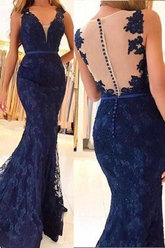 Navy Blue Sleeveless Lace Formal Dresses, Mermaid Sheer Back Lace Prom ...