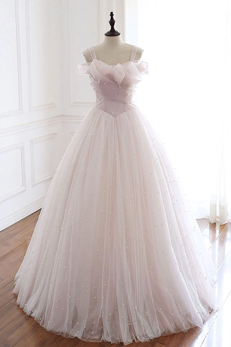 Pearl Pink Straps A Line Tulle Long Prom Dress with Pearls, Long Forma ...