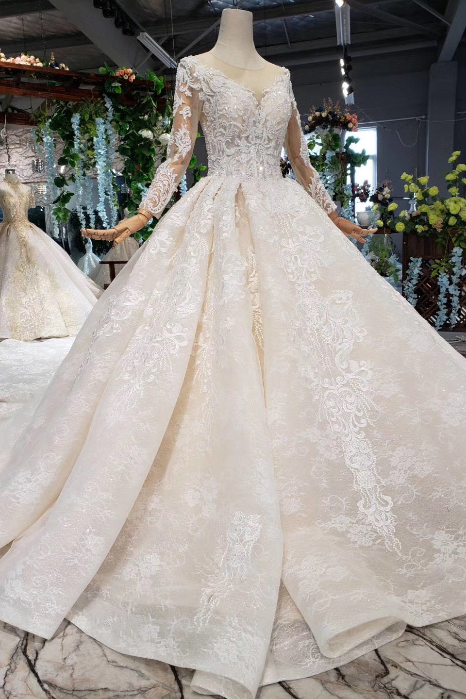 Princess Long Sleeves Sheer Neck Ball Gown Lace Wedding Dresses, Long ...