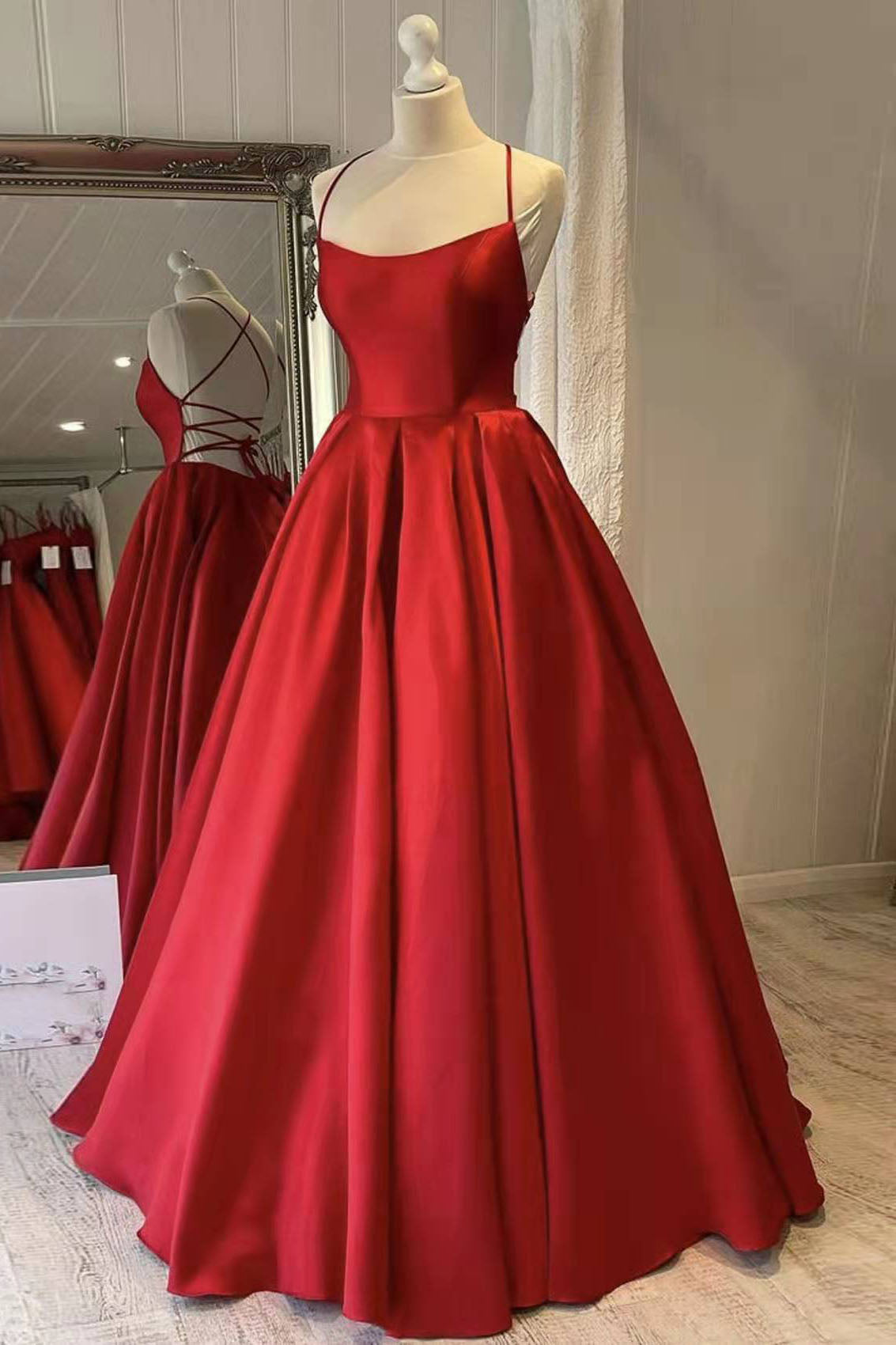 Red Satin Spaghetti Straps Long Prom Dress, Puffy Princess Formal Gown ...