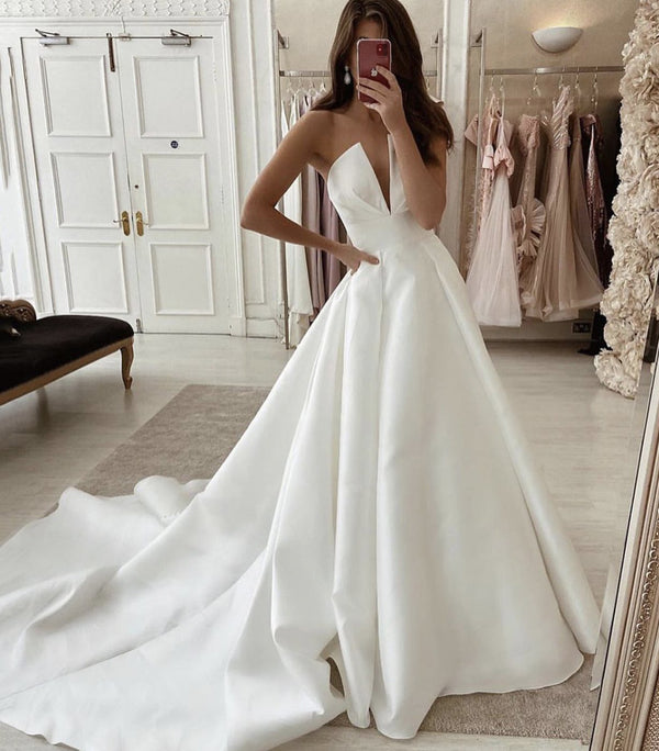 Simple Deep V Neck Strapless Satin Wedding Dress, A Line Brial Dress U ...